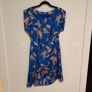 REISS Blue Botanical Leaf Print Cap Sleeve Silk Blend Dress Size US 8